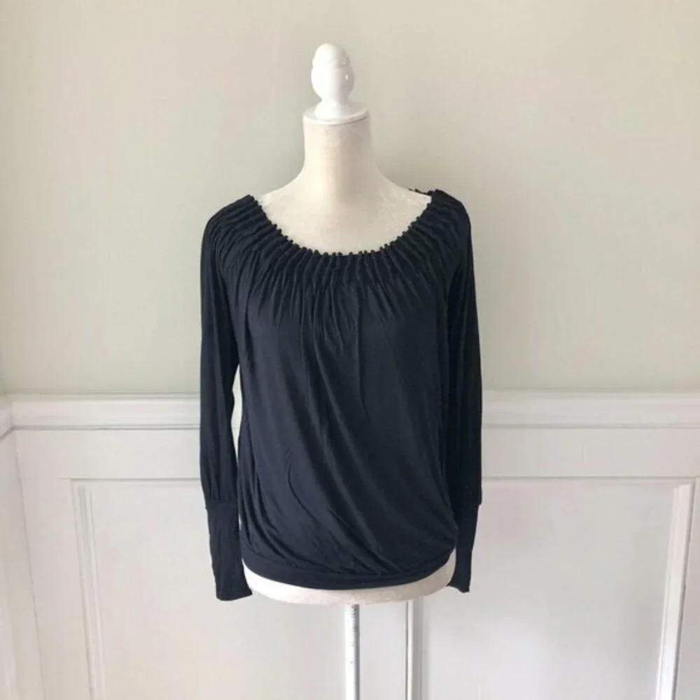 BCBG Black Pleated Neck Long Sleeve Blouse XS